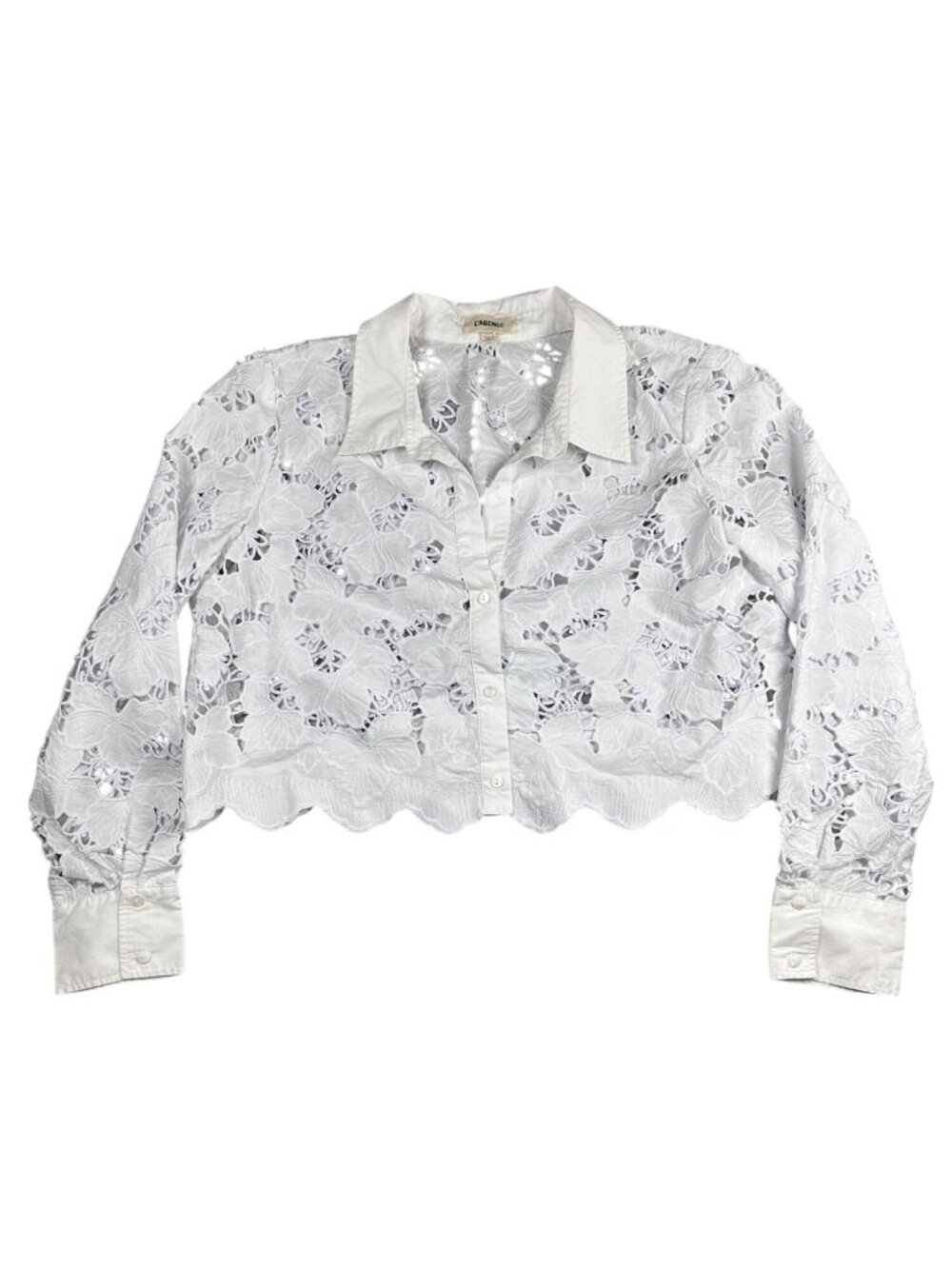 L'Agence Cropped XL Long Sleeve Seychelle Cutwork Shirt White Floral Cotton EUC